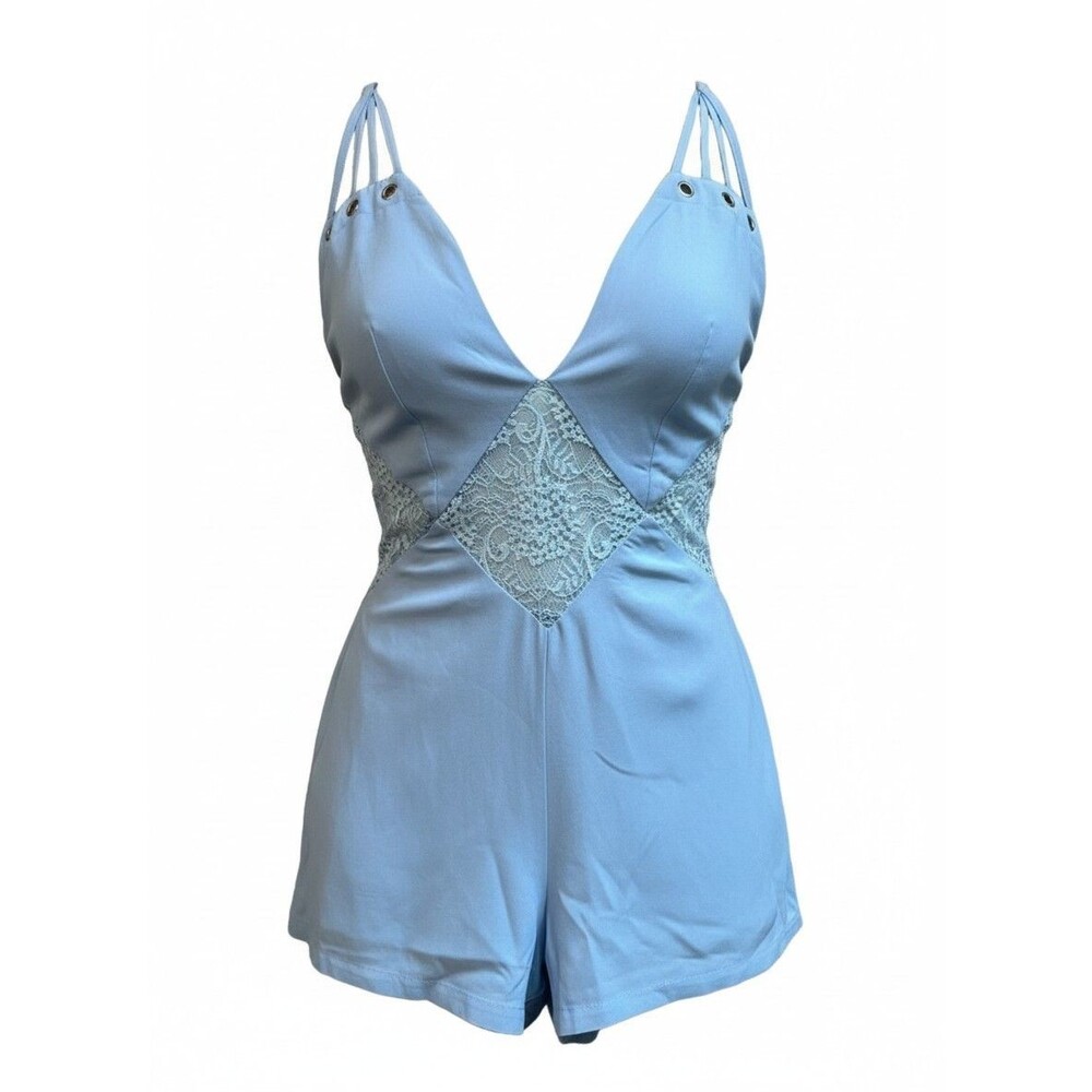 LF Millau Light Blue Lace Insert Romper Sz M Grommet Boho Festival Boho
